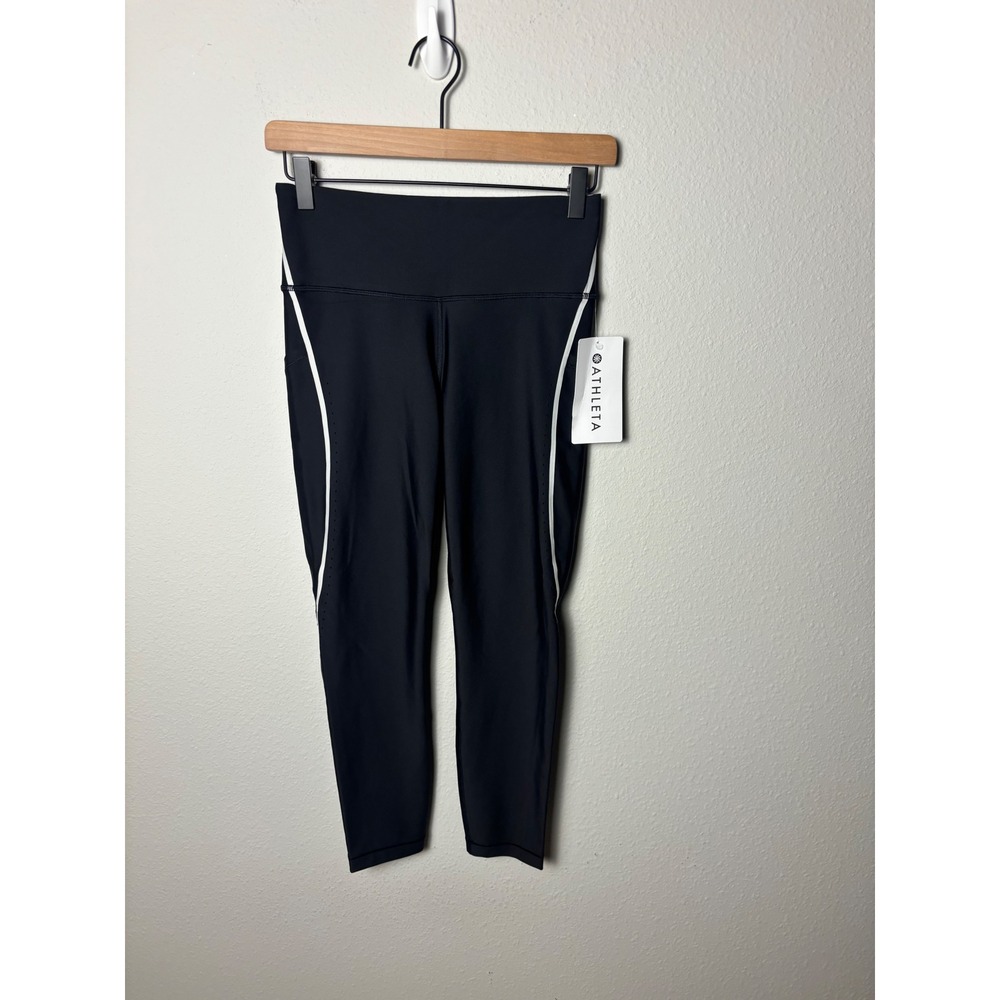 Athleta Interval Stash Tipped Lasercut 7/8 Tight Black White Leggings 694843 S